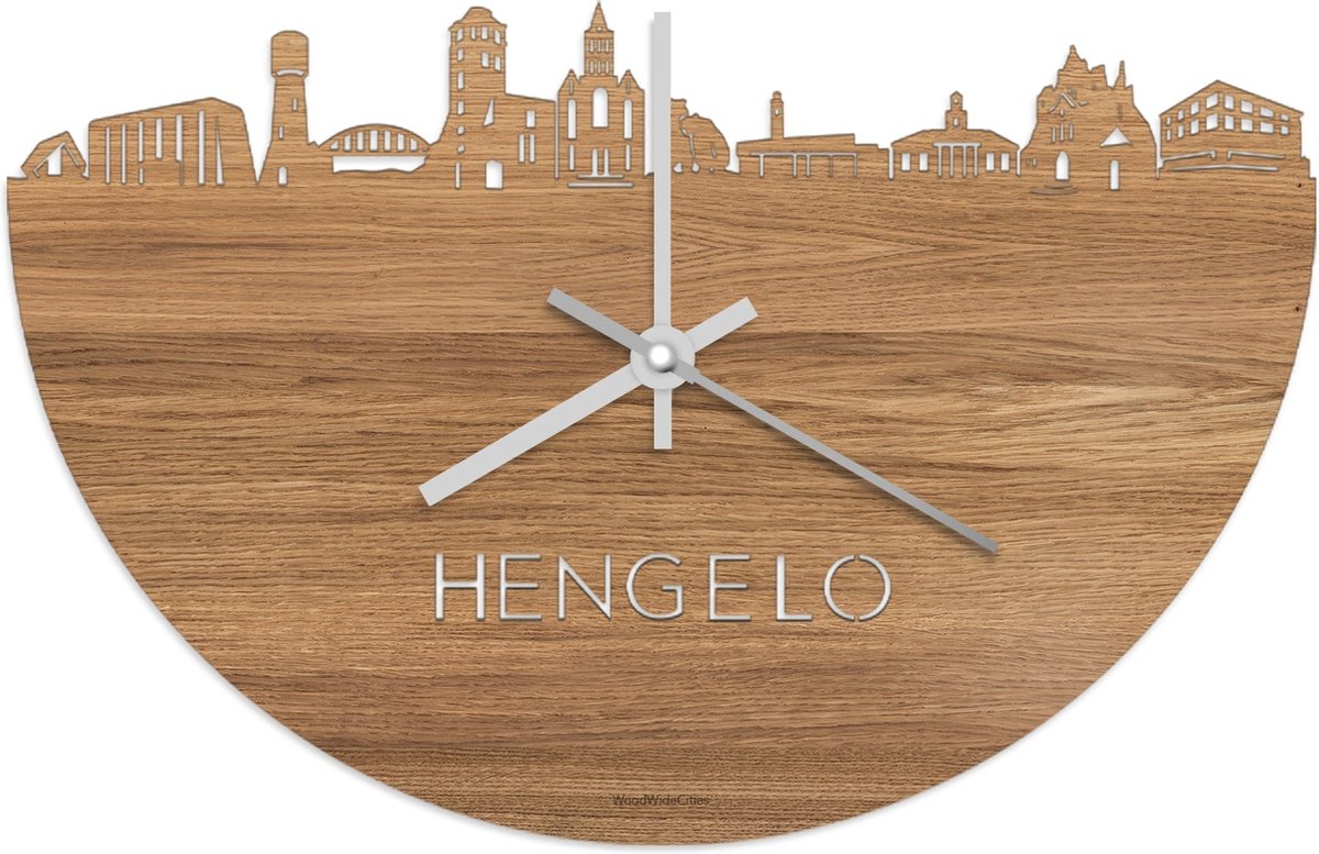 Skyline Klok Hengelo Eikenhout - Ø 40 cm - Stil uurwerk - Wanddecoratie - Meer steden beschikbaar - Woonkamer idee - Woondecoratie - City Art - Steden kunst - Cadeau voor hem - Cadeau voor haar - Jubileum - Trouwerij - Housewarming - WoodWideCities