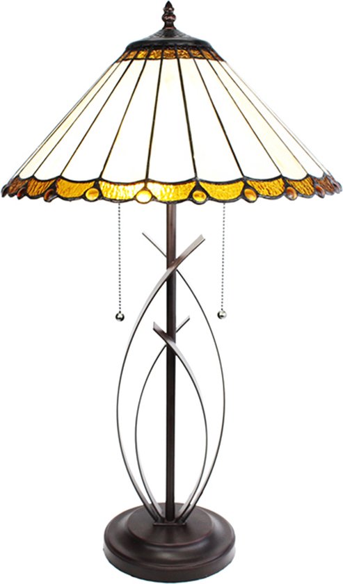 LumiLamp Tiffany Tafellamp Ø 41x69 cm Beige Bruin Glas Kunststof Rond Tiffany Bureaulamp