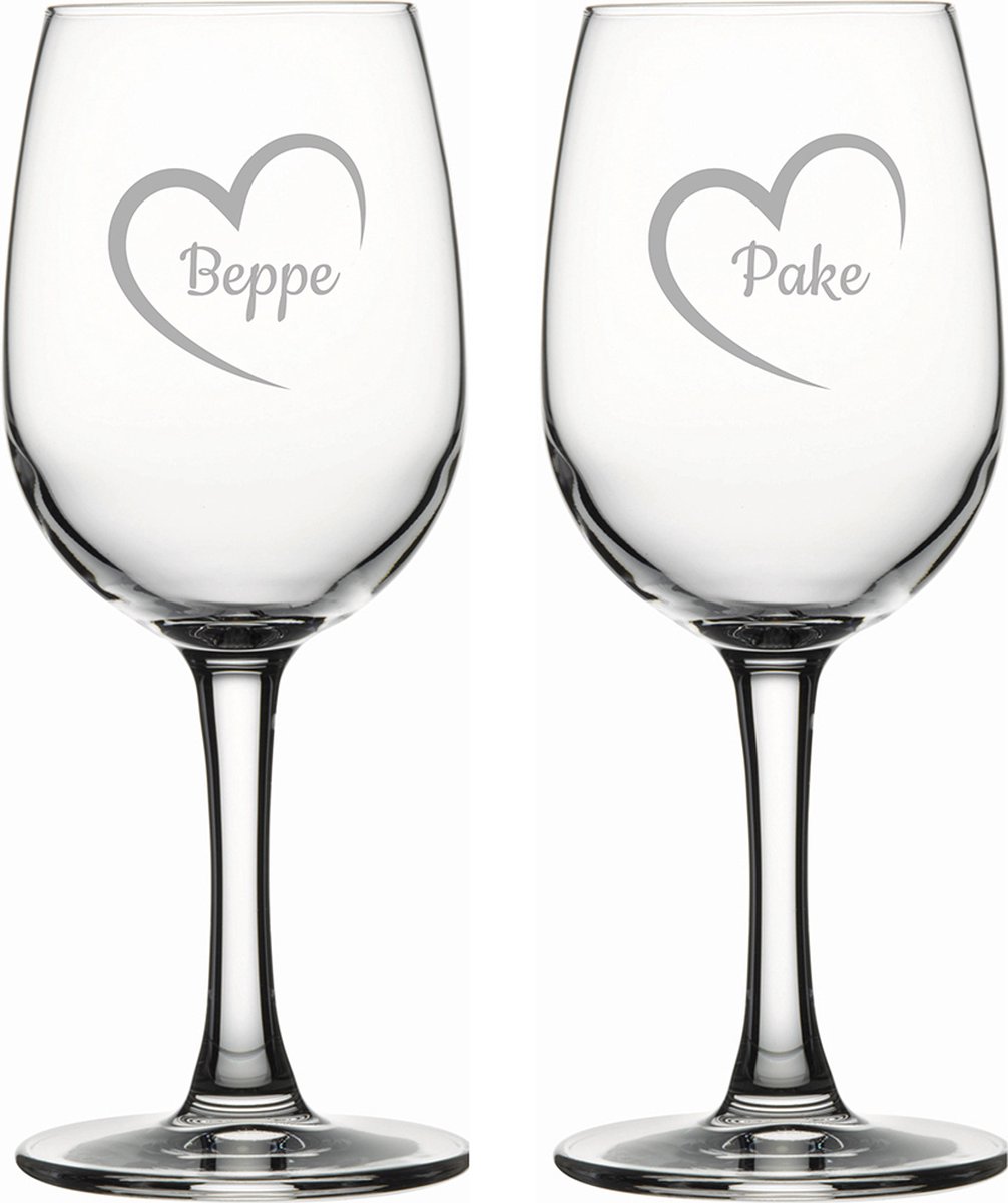 Gegraveerde witte wijnglas 26cl Pake mei hert & Beppe mei hert