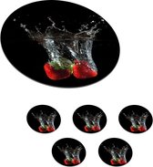 Onderzetters voor glazen - Rond - Aardbeien - Fruit - Water - Zwart - Rood - 10x10 cm - Glasonderzetters - 6 stuks