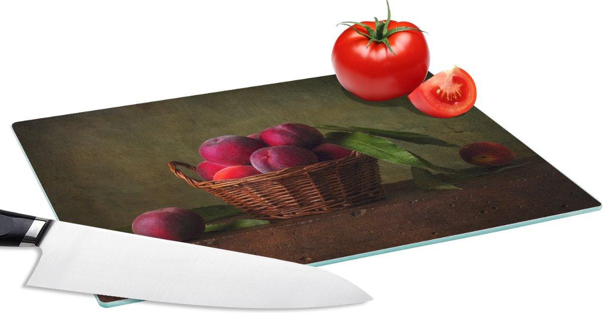 Glazen Snijplank - 28x20 - Mand - Pruim - Roze - Rustiek - Fruit - Stilleven - Snijplanken Glas