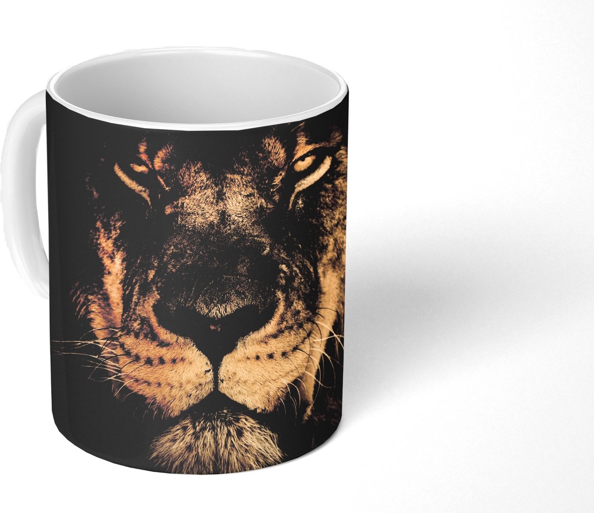 Mok - Koffiemok - Leeuw - Dieren - Zwart - Portret - Mokken - 350 ML - Beker - Koffiemokken - Theemok