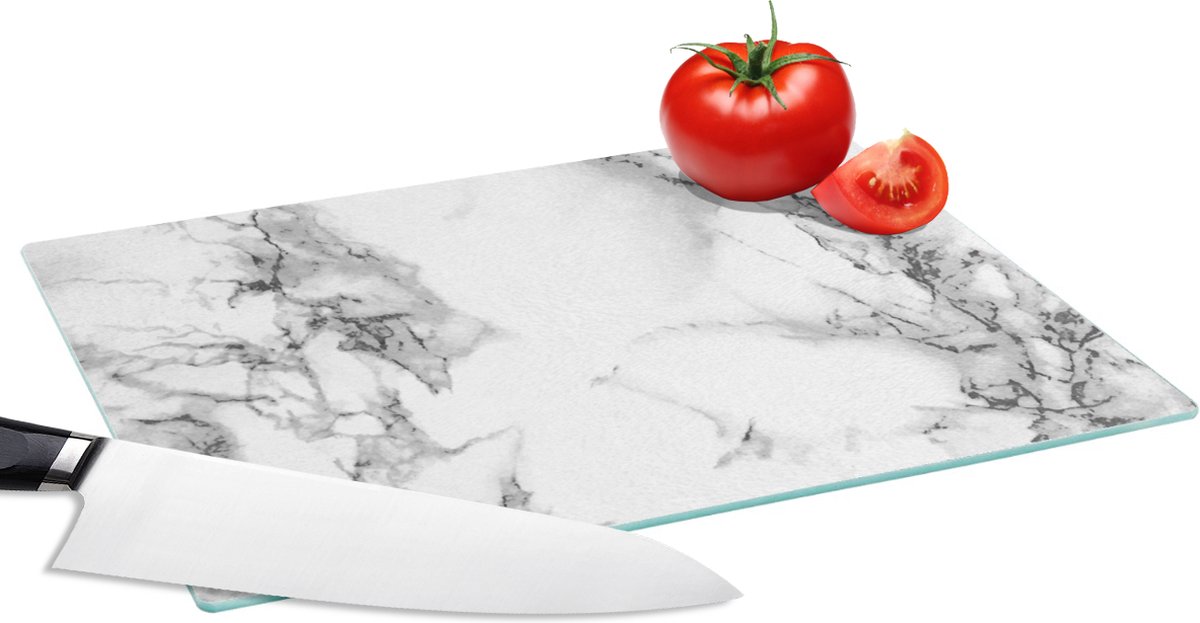 Glazen Snijplank - 28x20 - Marmer print - Steen - Wit - Grijs - Zwart - Marmerlook - Snijplanken Glas