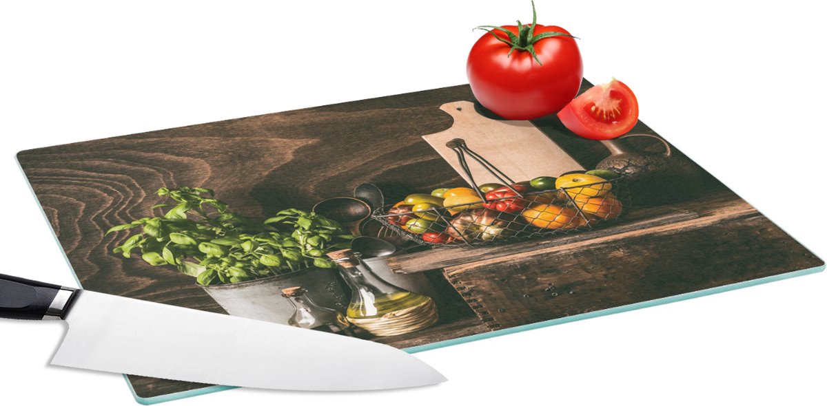 Glazen Snijplank - 39x28 - Groente - Kruiden - Rustiek - Stilleven - Basilicum - Snijplanken Glas