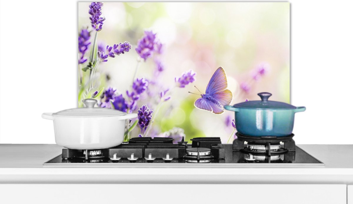 Spatscherm keuken 70x50 cm - Kookplaat achterwand Lavendel - Vlinder - Bloemen - Muurbeschermer - Spatwand fornuis - Hoogwaardig aluminium