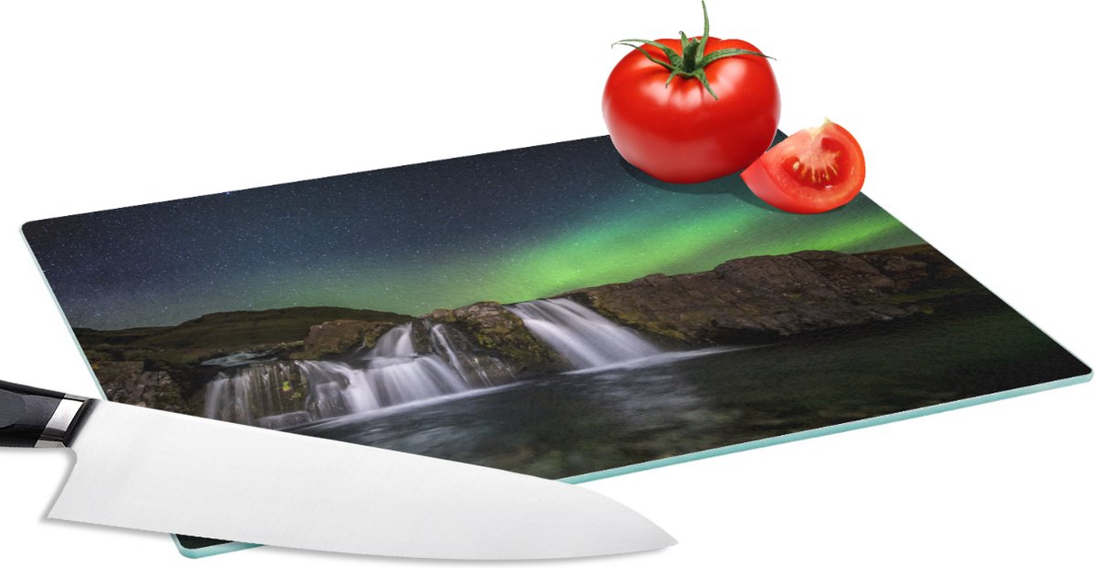 Glazen Snijplank - 28x20 - Noorderlicht - Waterval - IJsland - Natuur - Snijplanken Glas