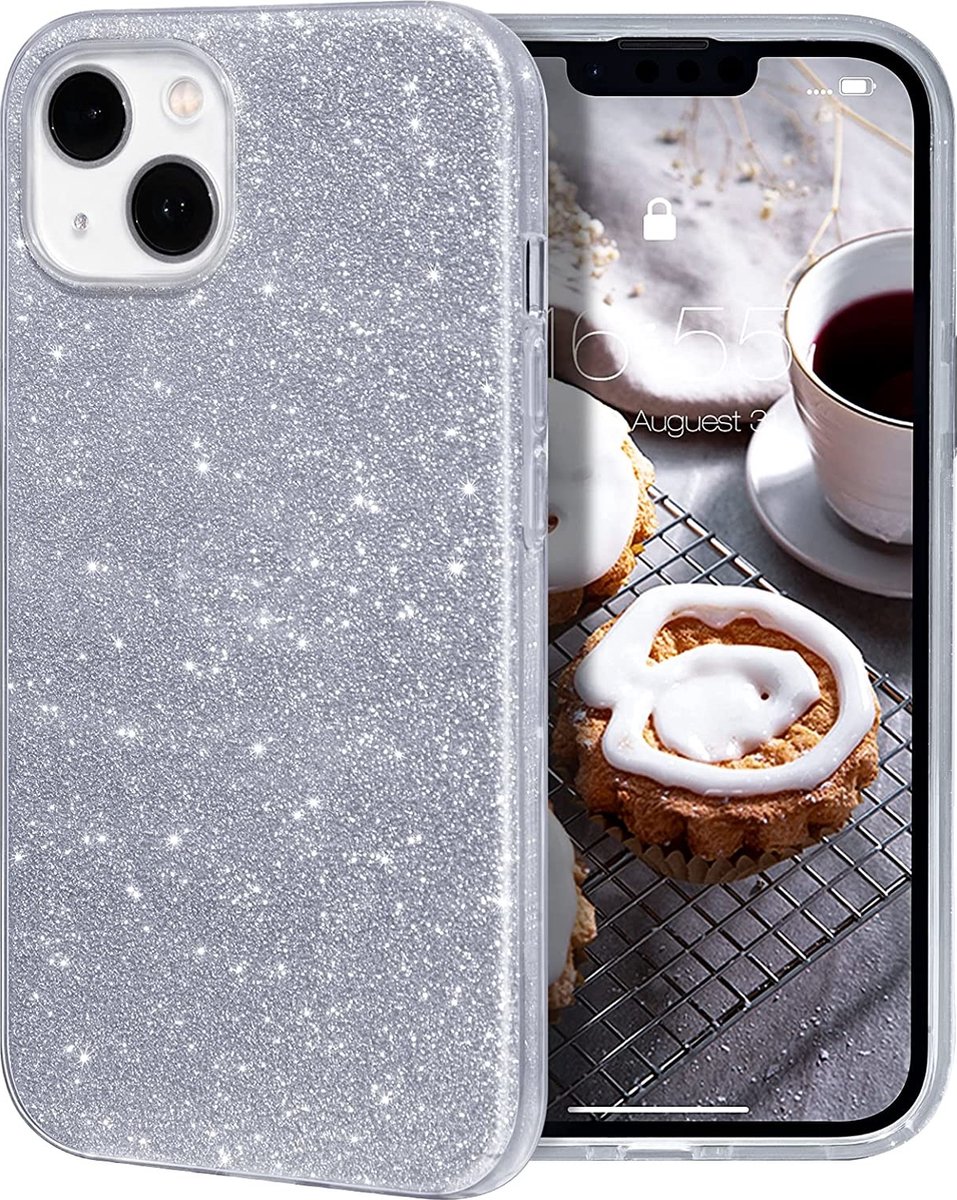 Geschikt voor iPhone 13 hoesje glitter backcover – Zilver – oTronica