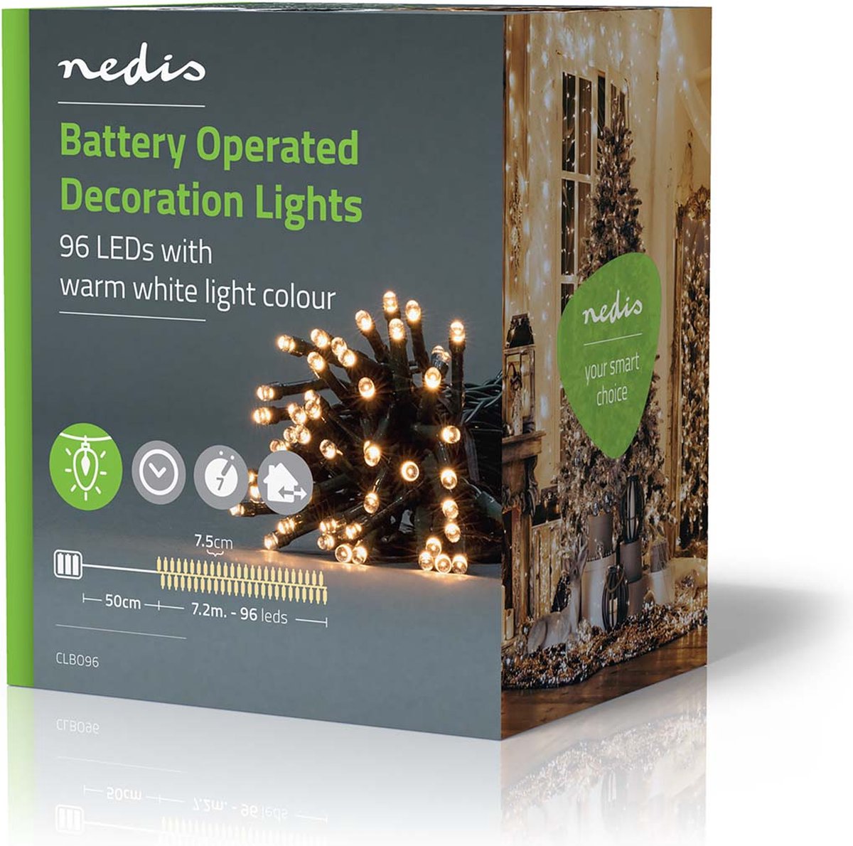 Nedis Kerstverlichting - Koord - 96 LED's - Warm Wit - 7.20 m - Licht effecten: 7 - Binnen & Buiten - Batterij Gevoed