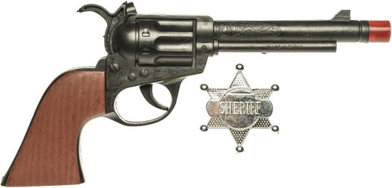 Pistolet de shérif jouet avec manche en bois et badge de shérif.