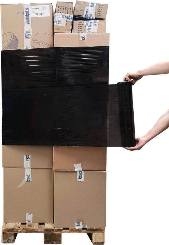 Kortpack - Zwarte Handwikkelfolie 20my dik x 50cm breed x 300mtr lang - 1 Rol Stretchfolie en 2 Foliedoppen van Kunststof - (005.0900) - Kortpack