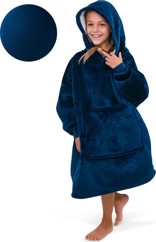 Smileify® Hoodie Deken Kinderen - Fleece Deken met Mouwen - Plaid - Snuggie - Donker Blauw - Smileify