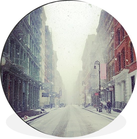 WallCircle - Wandcirkel - Muurcirkel - Sneeuwstorm in de wijk Tribeca in Manhattan - Aluminium - Dibond - ⌀ 140 cm - Binnen en Buiten