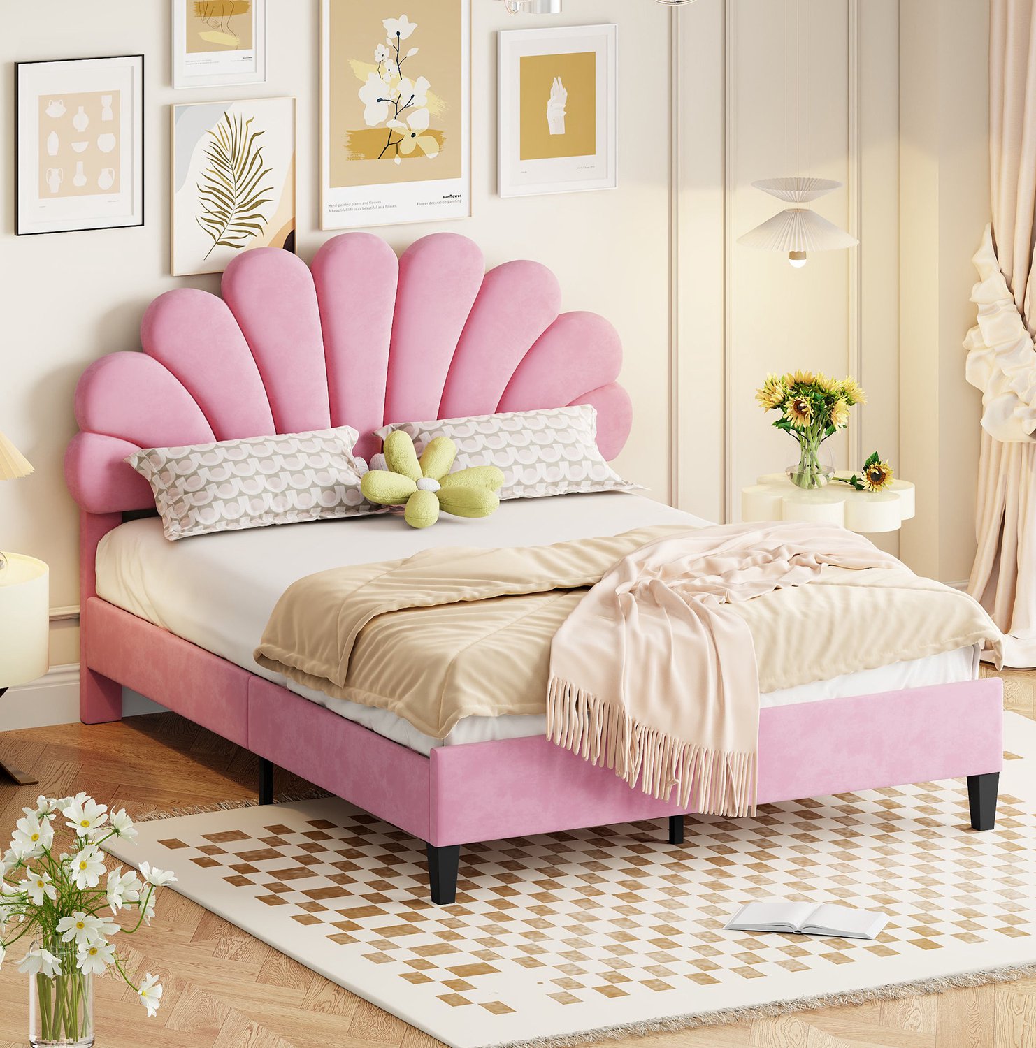 Maisentiel Roze gestoffeerd bed 140 x 200 cm met bloemvormig hoofdbord en lattenbodem