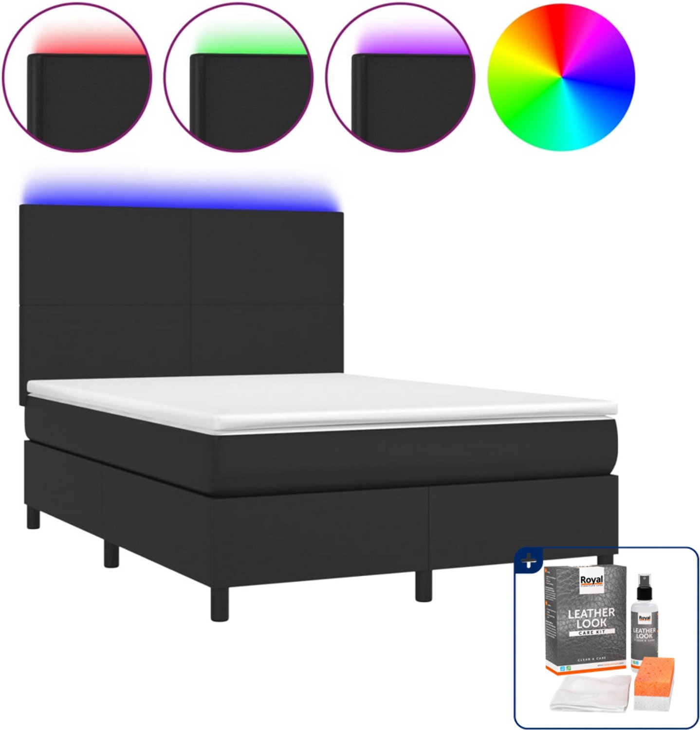 vidaXL boxspring Small double - 140 x 200 cm - zwart - Inclusief onderhoudsset voor kunstleer 150 ml
