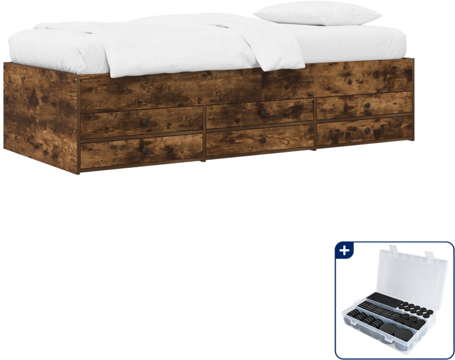 vidaXL bedframe met opslag - 80 x 200 cm - bewerkt hout - gerookt eiken - Inclusief antikrasvilt 177-delig Bruin
