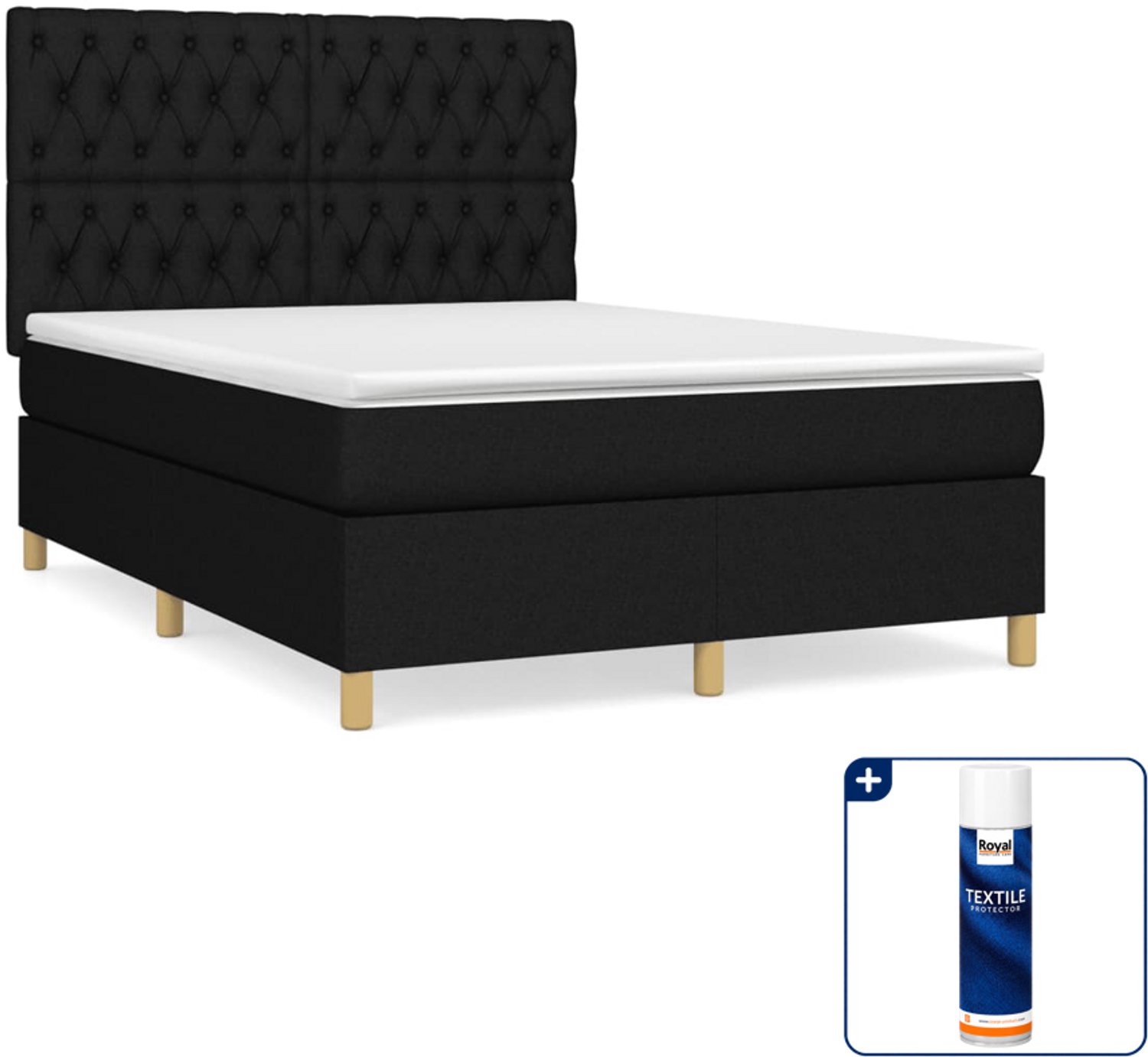vidaXL boxspring met matras - Small double - 140 x 200 cm - zwart - Inclusief textielbeschermer 500 ml