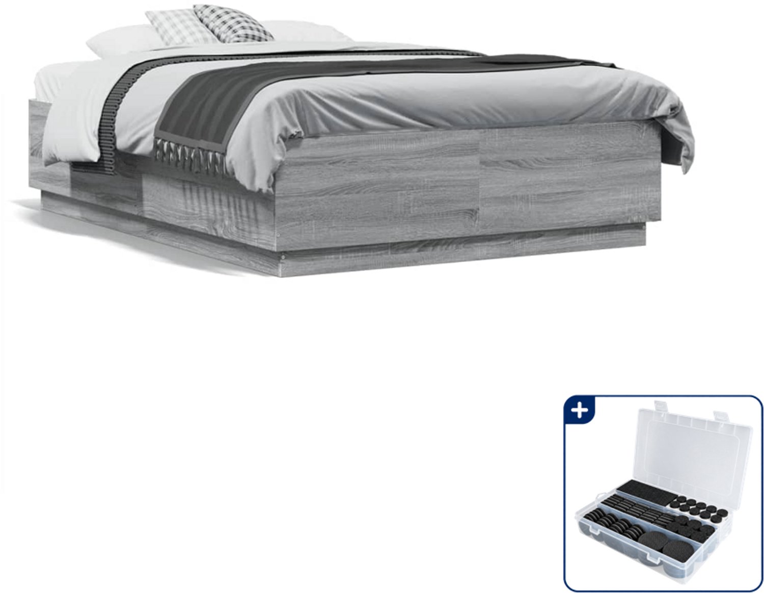 vidaXL bedframe - 135 x 190 cm - bewerkt hout - grijs sonoma eiken - Inclusief antikrasvilt 177-delig Roze