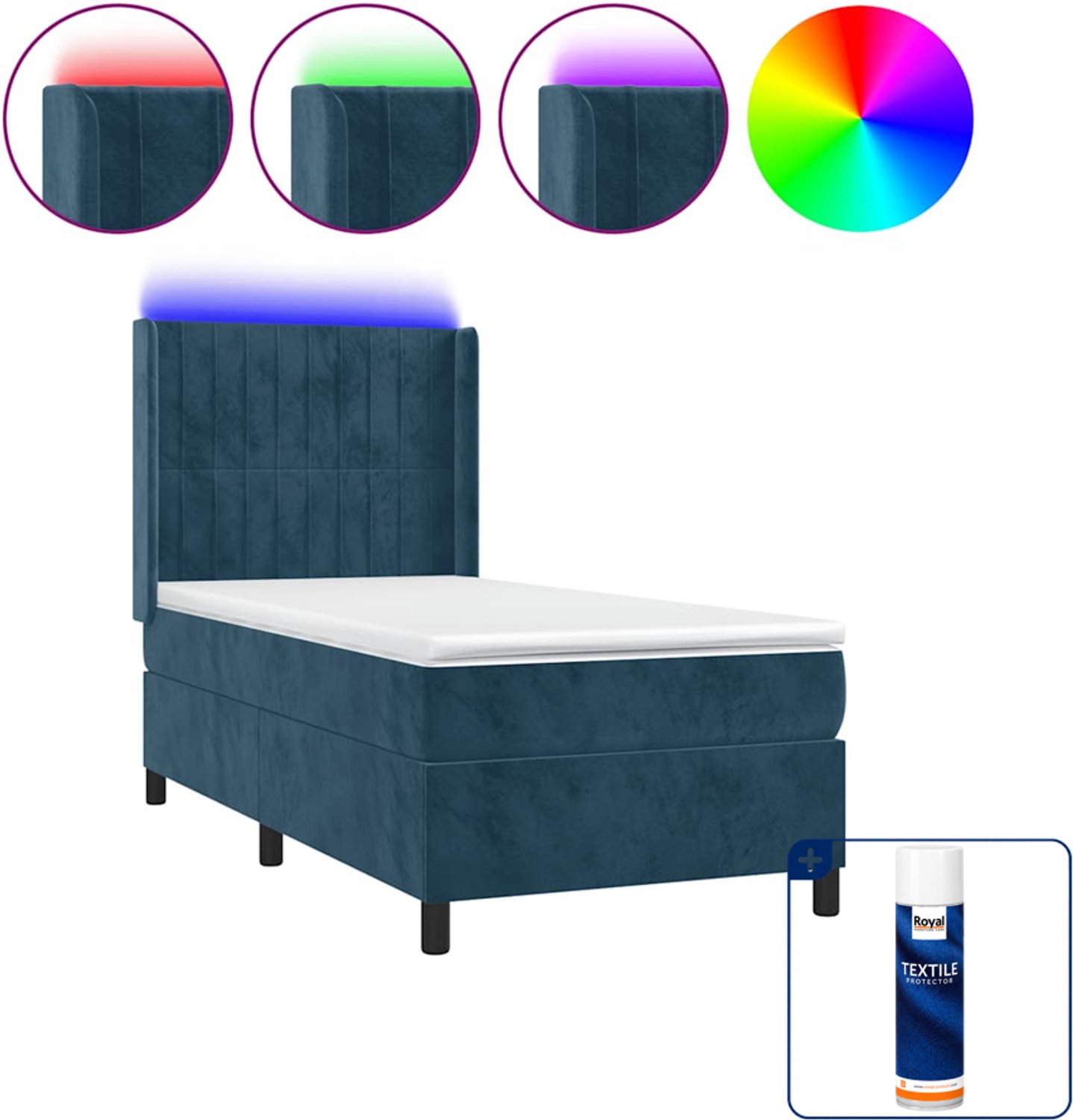 vidaXL boxspring met matras en led - 80 x 200 cm - fluweel - donkerblauw - Inclusief textielbeschermer 500 ml