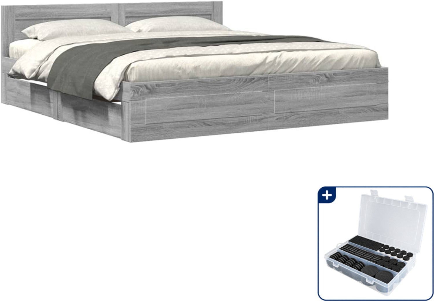 vidaXL Bedframe - 200 x 200 cm - bewerkt hout - grijs sonoma - Inclusief antikrasvilt 177-delig Bruin