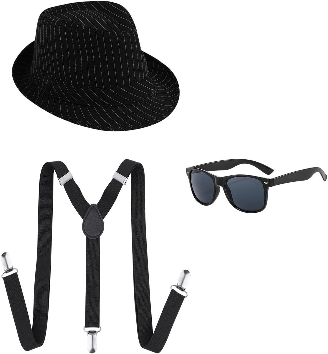 Gangster Kostuum voor Volwassenen met 3 Stukken - 20s Accessoires, Zwart Gestreepte Hoed, Steunbanden en Zonnebril voor Maffia en Gatsby Themafeest