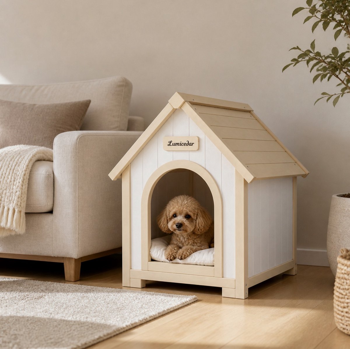 Hondenhuis Voor Kleine Honden – A-Vorm Met Wasbaar Kussen – 60 x 55 x 70 cm – Hout – Crèmewit – Voor Binnen