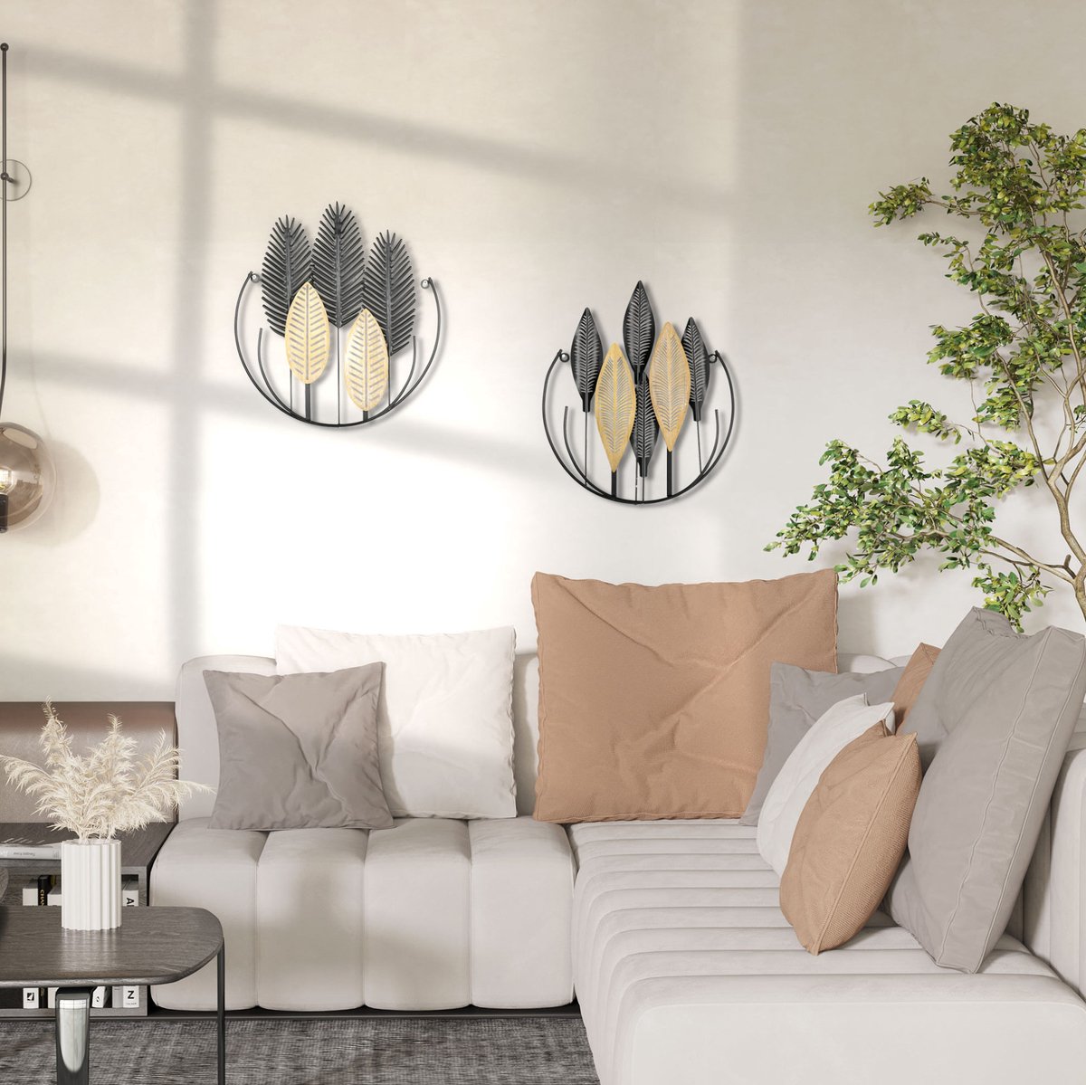 Wandpaneel – 2-Delige 3D Bladeren – 40 x 46 cm – Metaal – Zwart en Goud – Wanddecoratie Voor Binnen