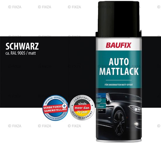 Baufix Auto Mattlack spuitbus, zwart, RAL 9005 mat. Met afbeelding van een glanzende zwarte auto.