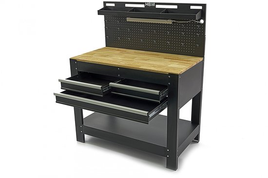 HBM 9829 werkbank 115 cm met 3 laden, achterwand en LED