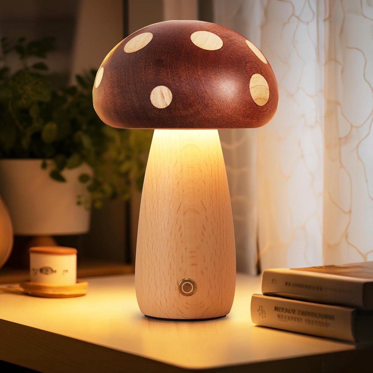 Tafellamp - LED Houten Paddestoellamp - Oplaadbare Draadloze Touch Bedlamp - Stapsloos Dimbaar Nachtlampje - Draagbaar voor Slaapkamer - Cadeau voor Verjaardag - Formaat 10x17 cm - 1 Stuk