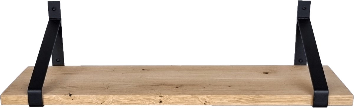 GoudmetHout Lichte Eiken Wandplank - 240x30 cm - 2 Industriële XL Plankdragers Mat Zwart Licht eiken