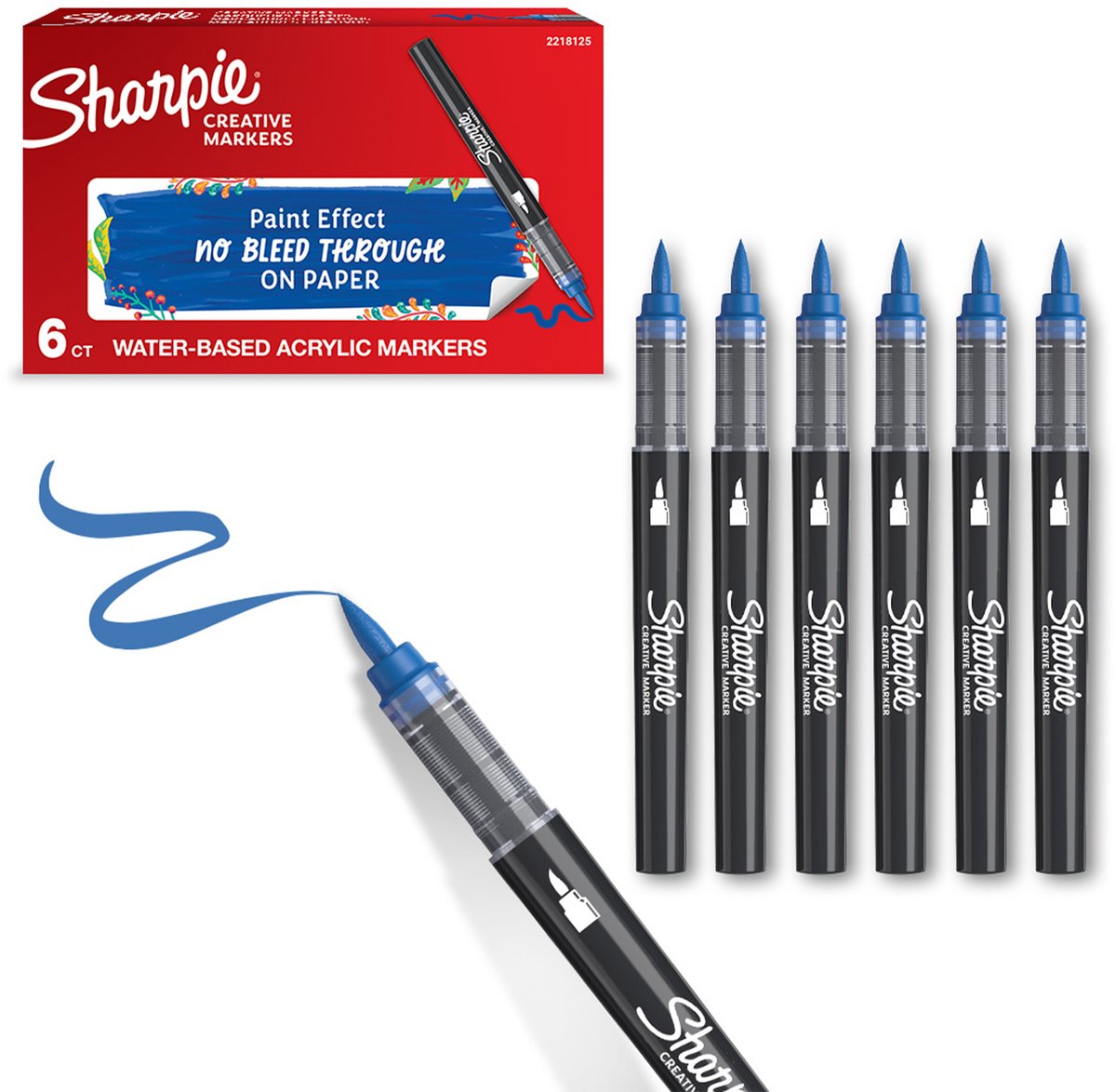 Sharpie Creative Marker Acrylverfmarkers | Brushtip | Verfmarkers op waterbasis | Inkt loopt niet door en geschikt voor de meeste oppervlakken | Blauw | 6 stuks