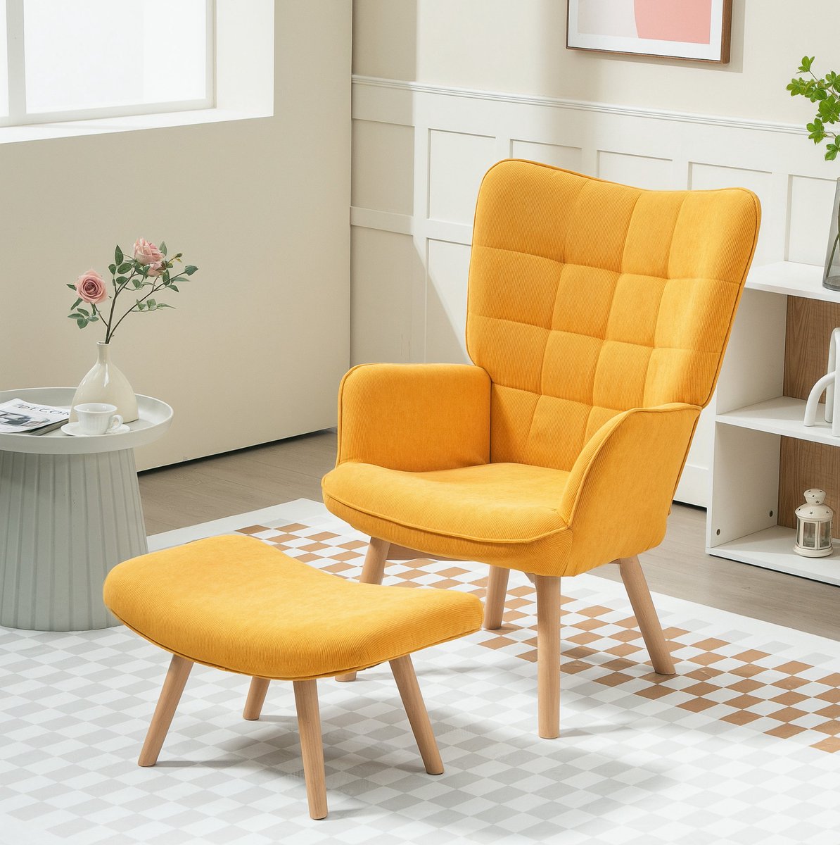 MODFU Fauteuil Met Hocker - Hoge Rugleuning - Oranje - Stoffen Bekleding