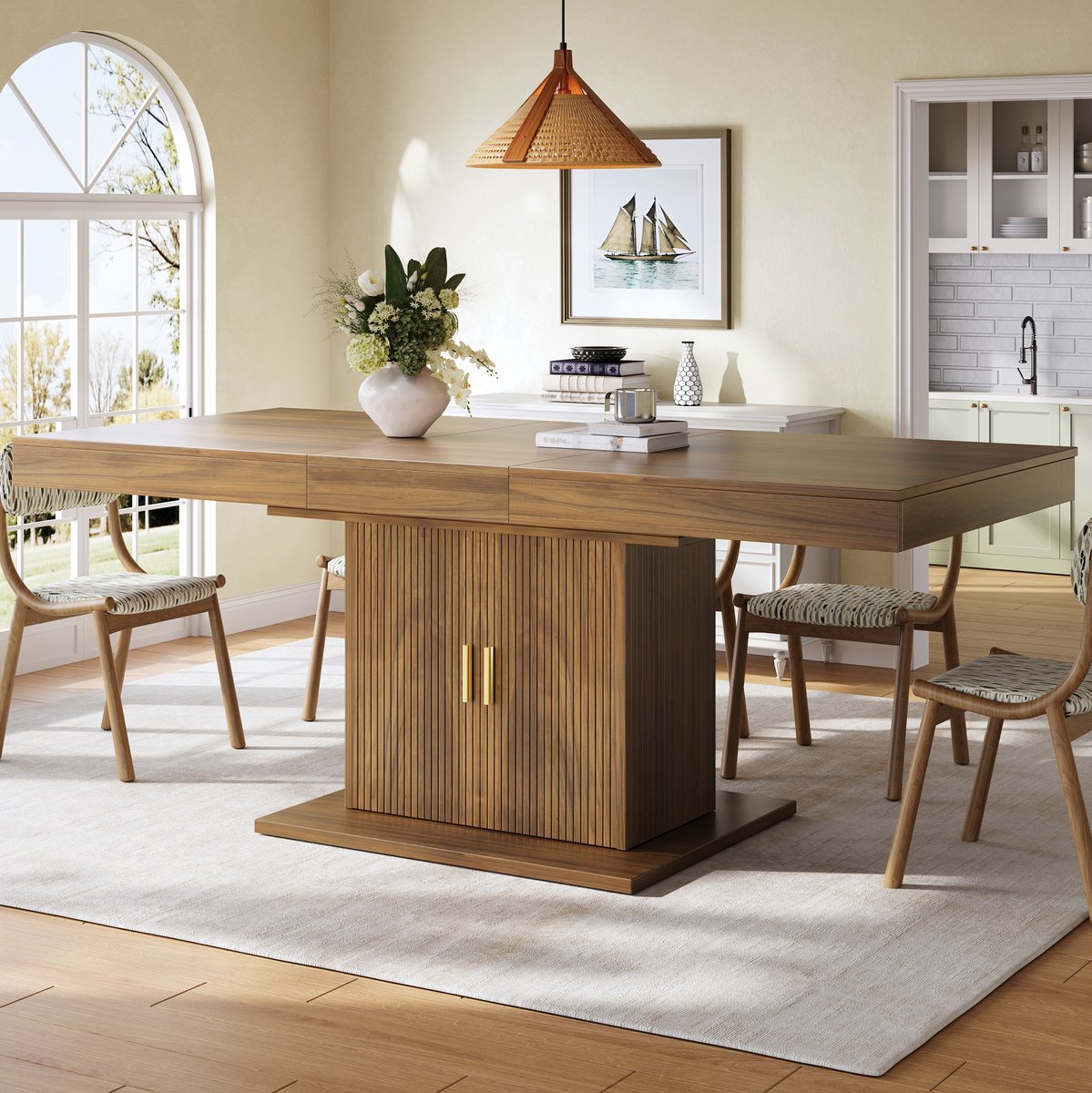 REDOM - Uitschuifbare eettafel - Geïntegreerde opbergkast - Uitneembare legplank - MDF en metaal - Bruin - 140-180 x 90 x 75,2 cm