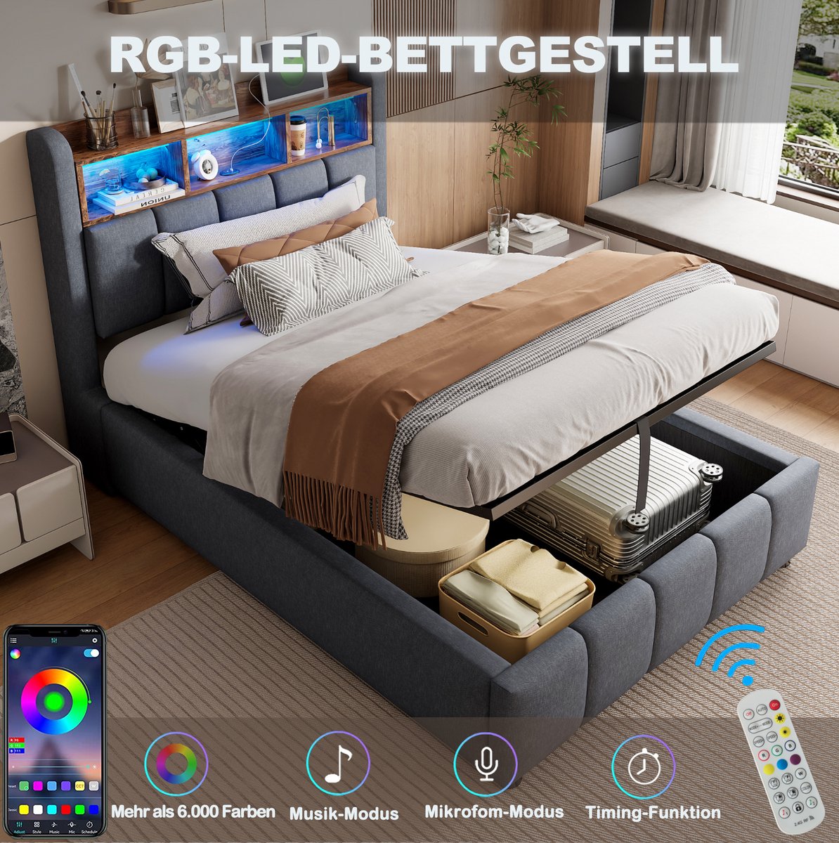 MIVRAY Gestoffeerd Bed 90x200 cm - Eenpersoonsbed met LED Verlichting en USB Aansluiting - Hydraulische Opbergruimte - Stof - Grijs