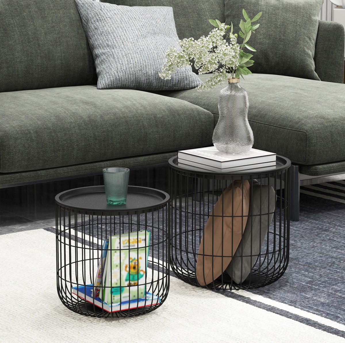 MIVRAY Salontafelset - Ronde Nesttafels Met Opbergruimte - Scandinavisch Design Voor De Woonkamer - Staal - 40 X 40 Cm - Zwart