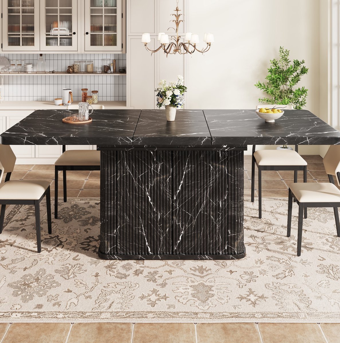 MIVRAY Eettafel - Uitschuifbaar Met Verborgen Opbergruimte - Modern Voor Eten En Werken - MDF Metaal - 140 Tot 180 Cm - Zwart Marmerlook