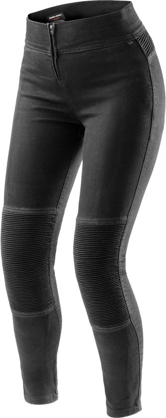 Zwarte dameslegging met rijgdetails op de knieën en een ritssluiting.