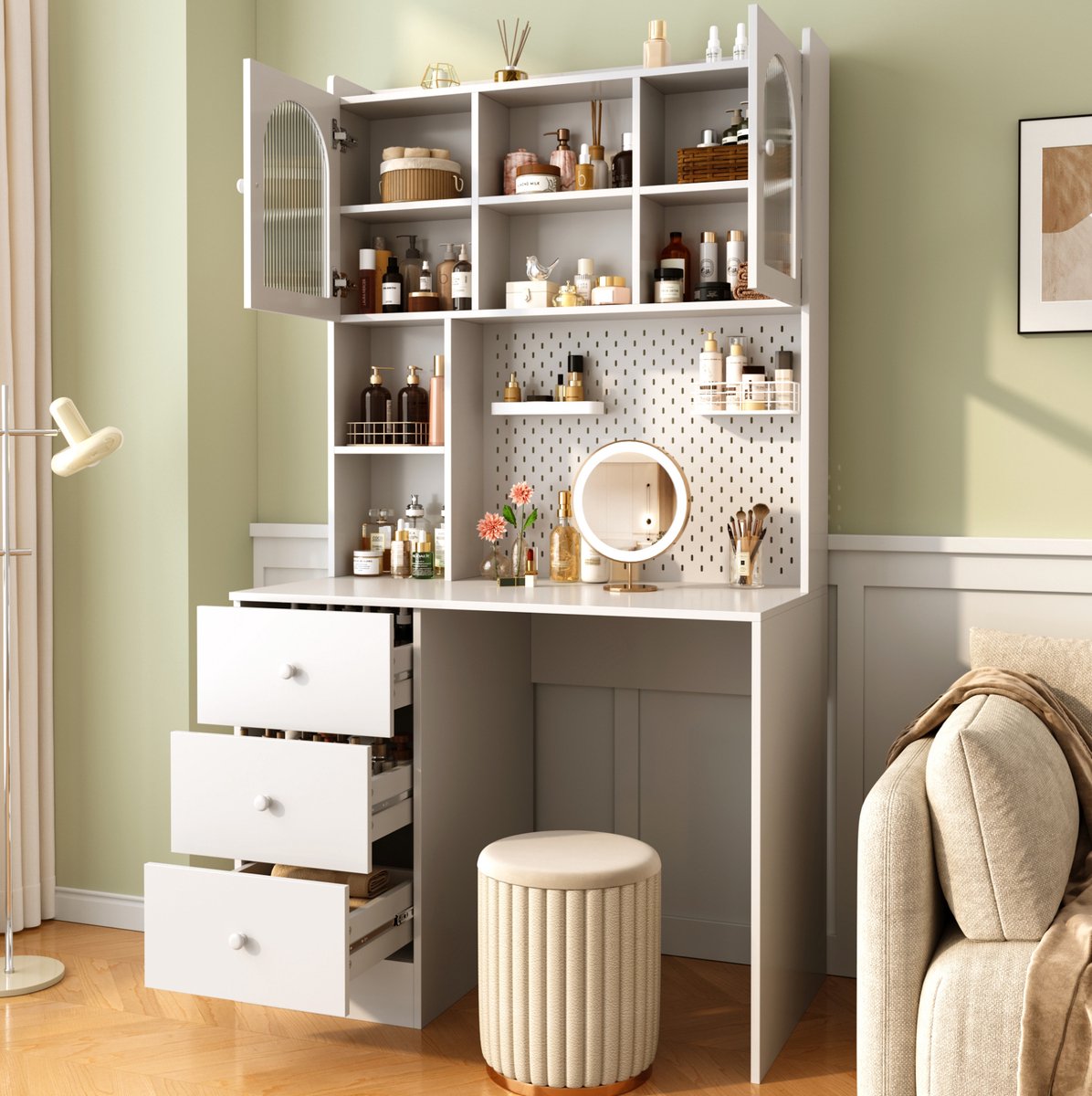 DESMIU Bureau - Multifunctioneel Bureau Met Opbergrek, Pinnwand, 3 Laden En Glazen Deuren - MDF - Wit - 100x55x180 Cm