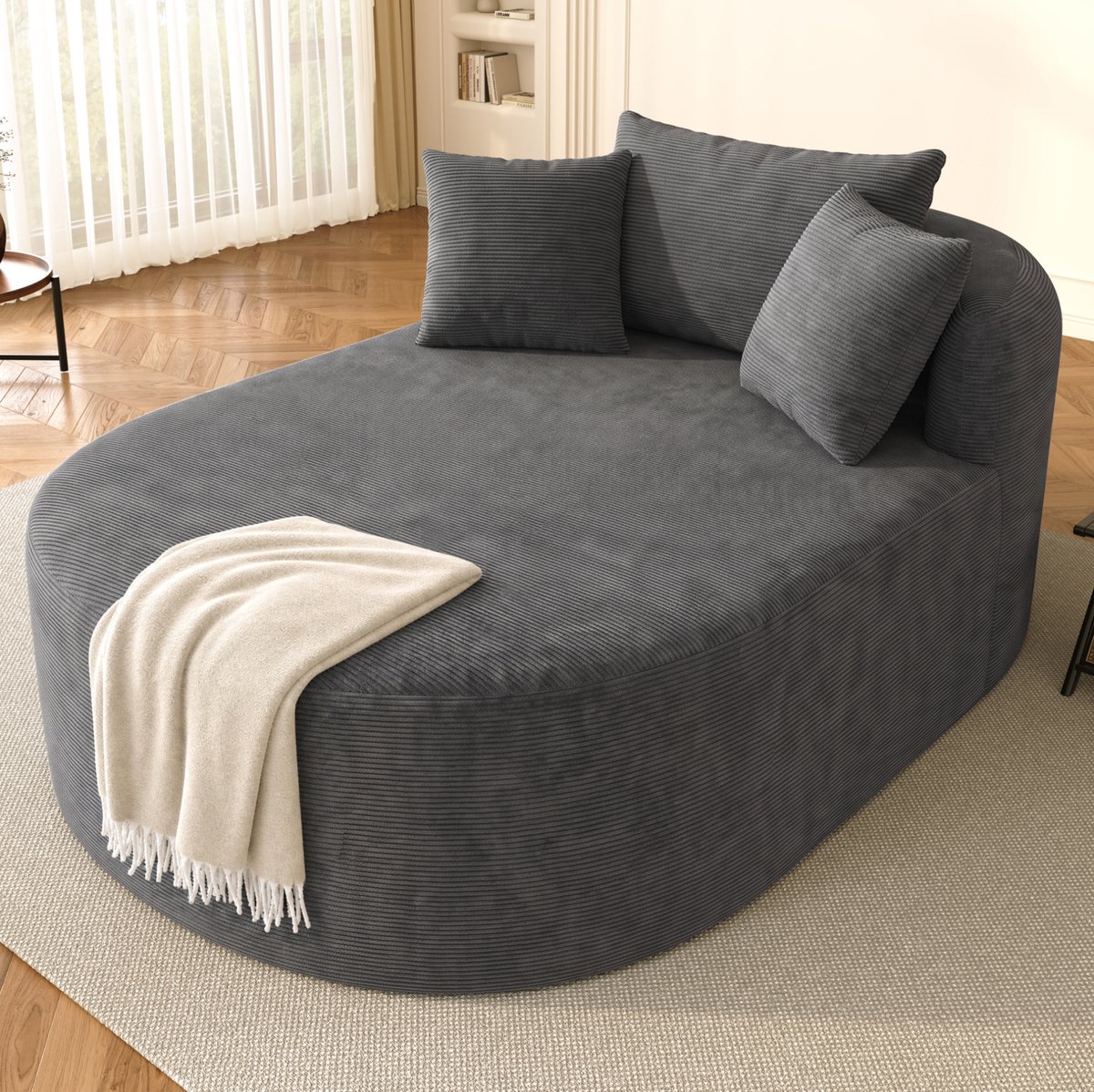 REDOM - Fauteuil - Ovale vorm - Extra diepe zitting - Montagevrij - Corduroy bekleding - Donkergrijs - 170 x 112,5 x 83 cm
