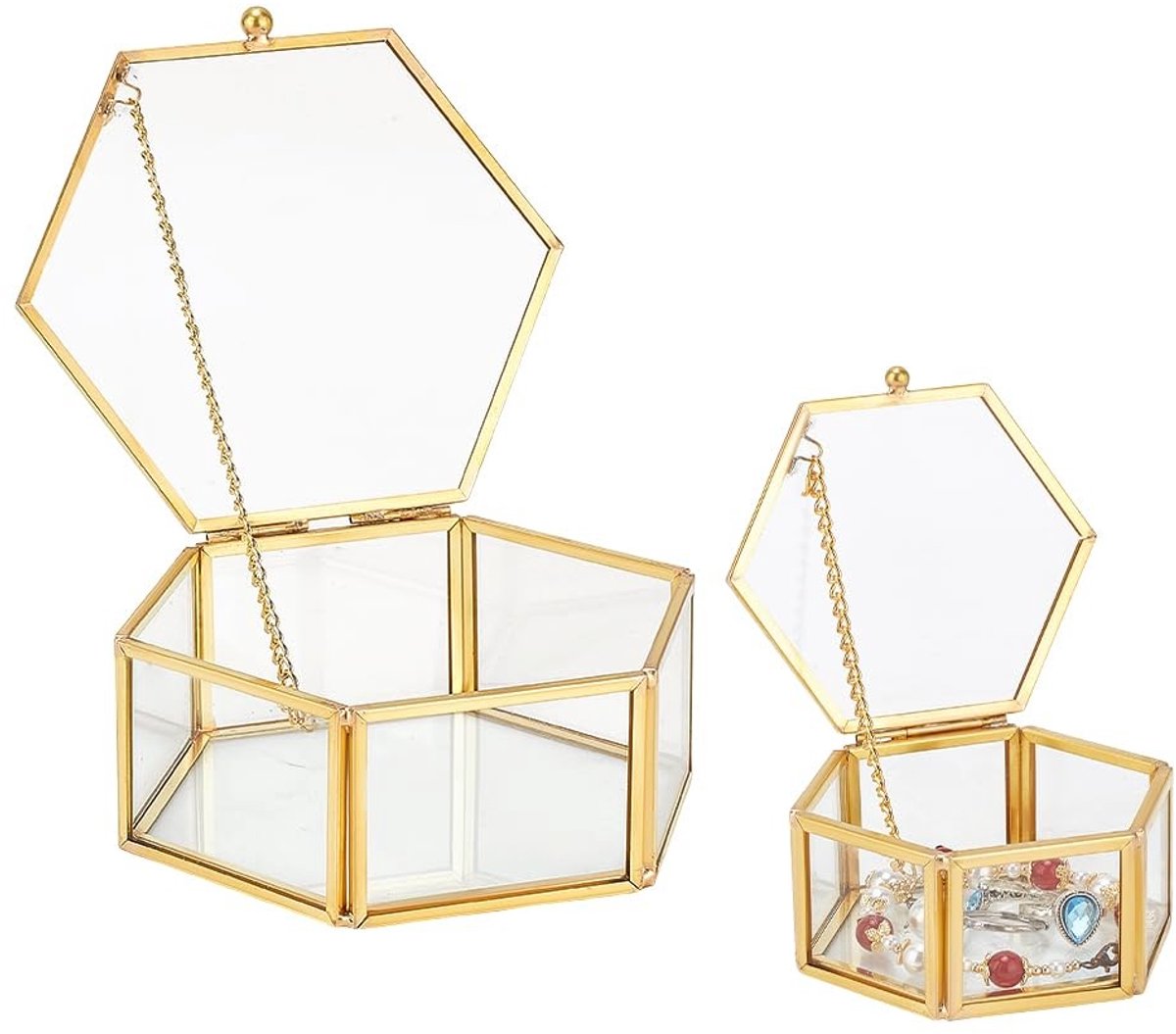 Elzusha - Sieradenbox - Glazen Hexagonaal, Goudkleurig