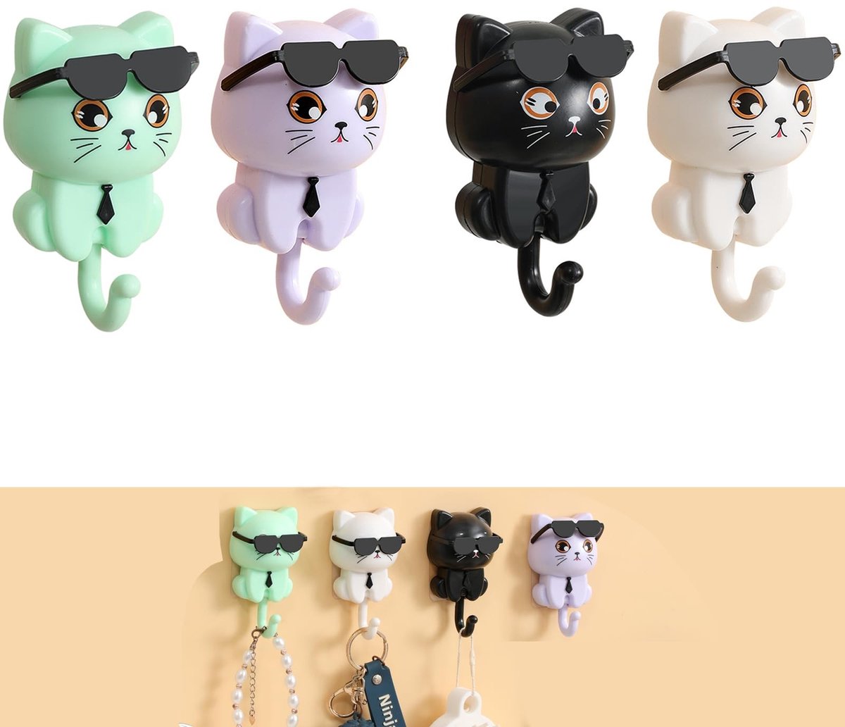 Elzusha - Set van 4 Waterdichte Wandhaken - Zelfklevend Kattenontwerp