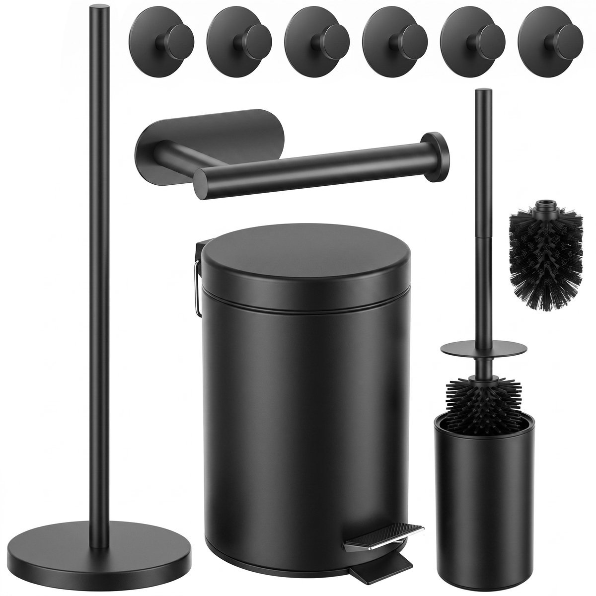 Toiletset Zwart 5-Delig - Zelfklevende Reserverolhouder & Vrijstaande Toiletrolhouder voor 5 Rollen - Toiletborstelhouder, Pedaalemmer en Handdoekhaakjes - Toiletaccessoireset