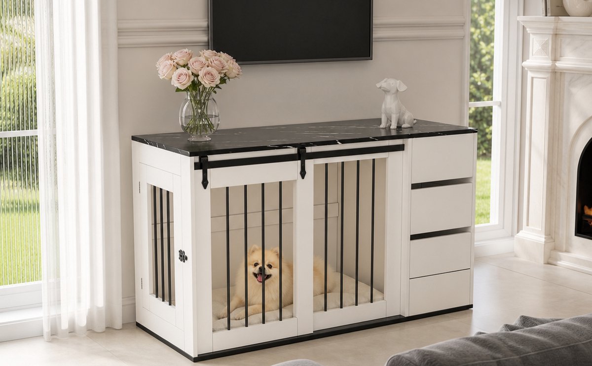 Hondenbench 2-in-1 – 140 x 60 x 87 cm – Hout en Metaal – Wit – Schuifdeur, Zijdeur en Opbergruimte
