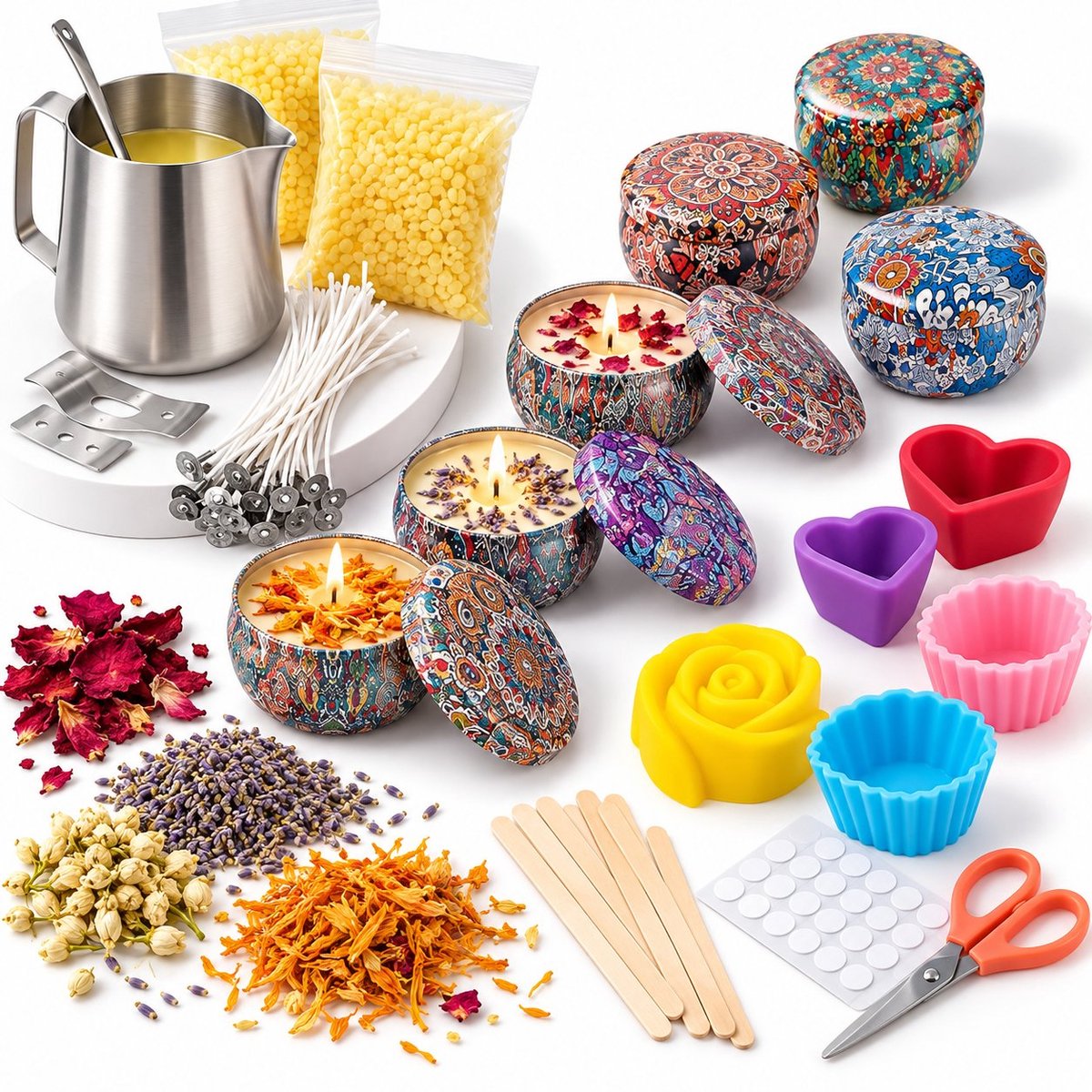 R&H® Maak je eigen kaarsenset – doe-het-zelf geurkaarsen cadeauset met 480 g sojawas, 8 bedrukte blikjes, smeltpot, thermometer, siliconen mallen en gedroogde bloemen