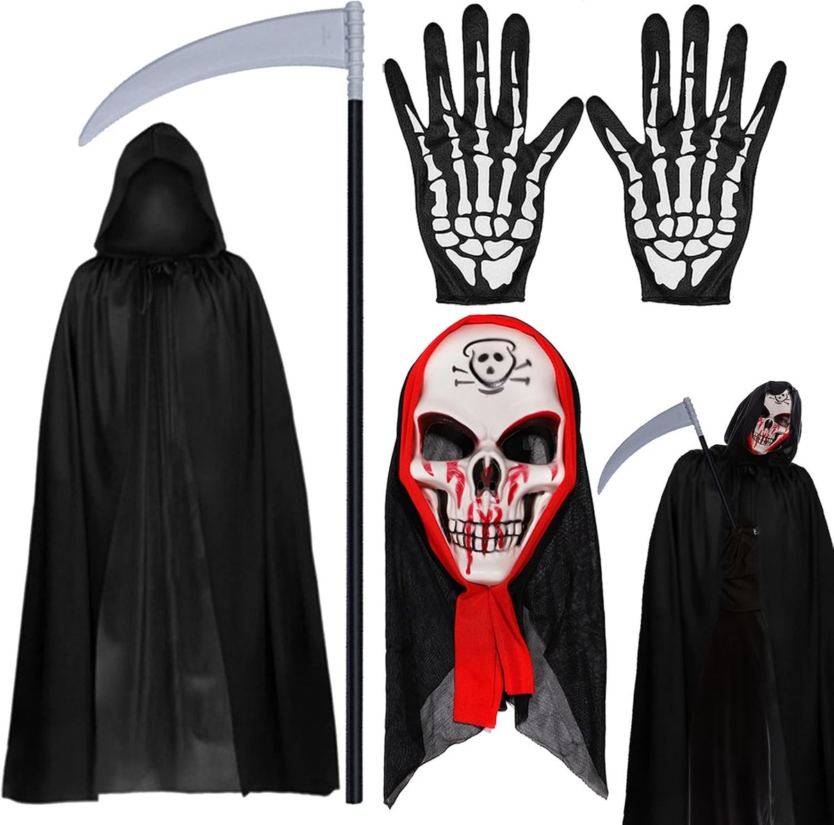 Grimmige Doodskleed Kostuum voor Volwassenen en Kinderen met Skeletmasker en Handschoenen voor Rollenspel en Verkleedpartijen