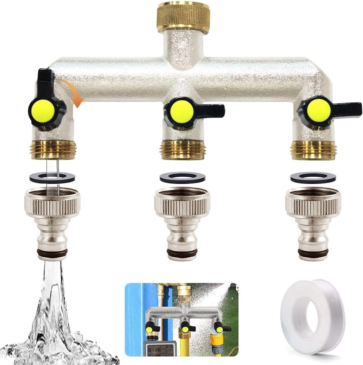 3 weg kraan - Zilver - 3/4 inch - Metalen waterverdeler met kogelkraan - Voor tuin en buitenkraan