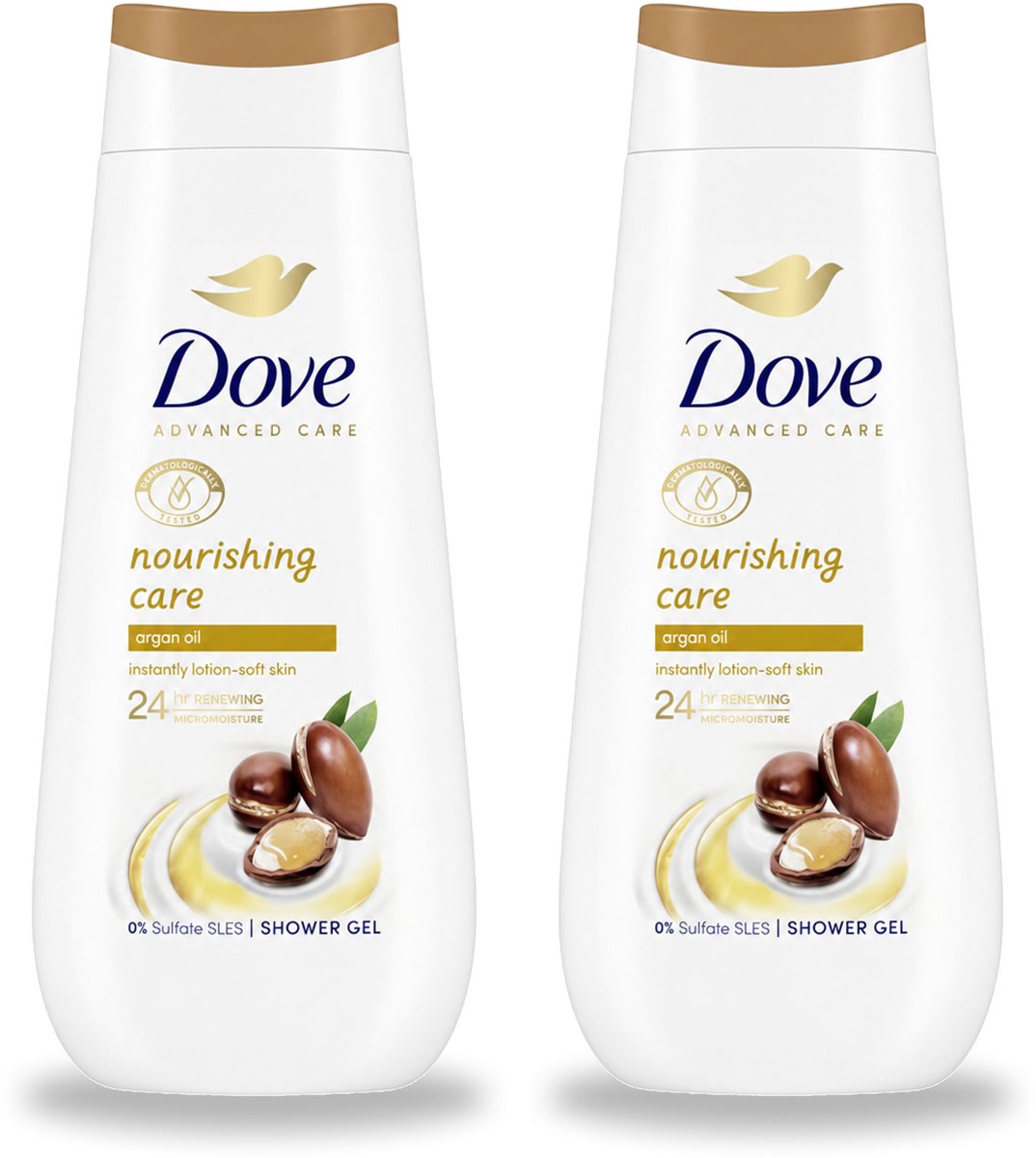 2 x Dove Douchecrème - Nourishing Care - Arganolie - 225 ml - Voordeelverpakking - 2 stuks