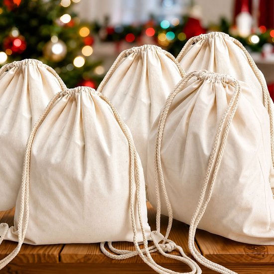 Kaiyaya - Trekkoordzakken set - 5 stuks natuurkleur - katoen canvas - 34 x 40 cm - met trekkoord sluiting en schouderriemen — afbeelding 4