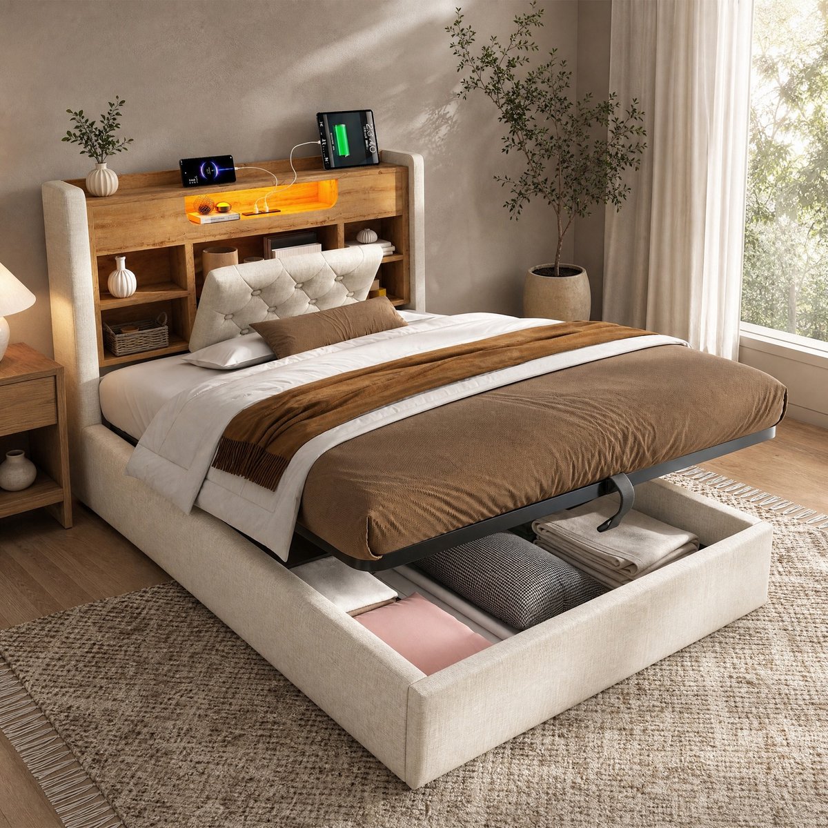 COVREO Bedframe met hydraulische bedkast en LED – 90x200 cm – Bed met USB-C en opbergruimte – Volwassenen – Beige - zonder matras