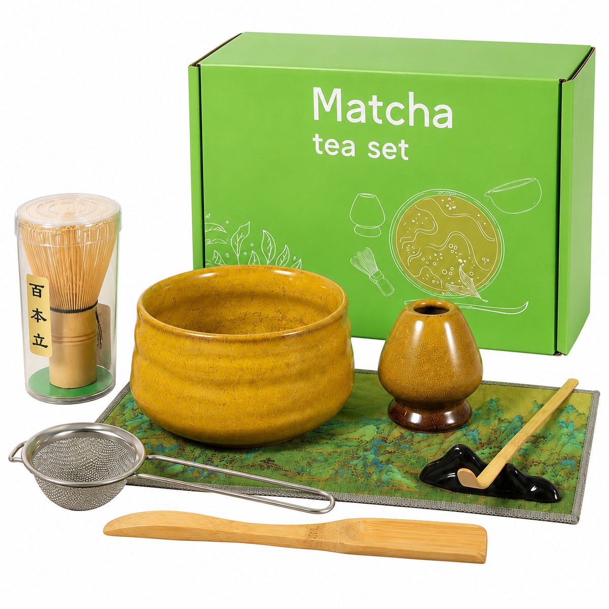 LOVHAUS 8-delige Matcha Theeset Mosterdgeel - Keramische Kom, Bamboe Garde, Zeef & Accessoires